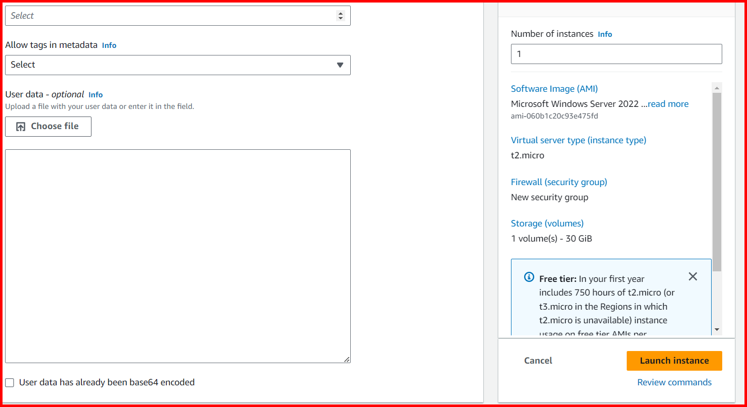 Picture showing adding the powershell script for installing IIS in the user data section while creating an EC2 instance